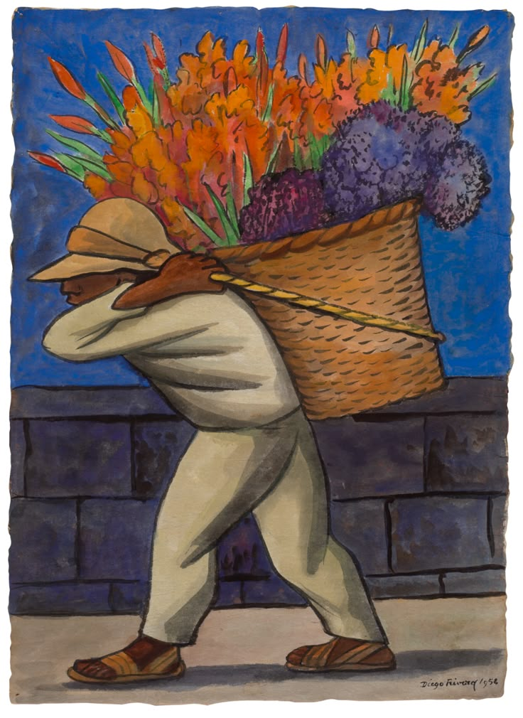 a painting of a man carrying flowers on his back with a wicker basket over his shoulder