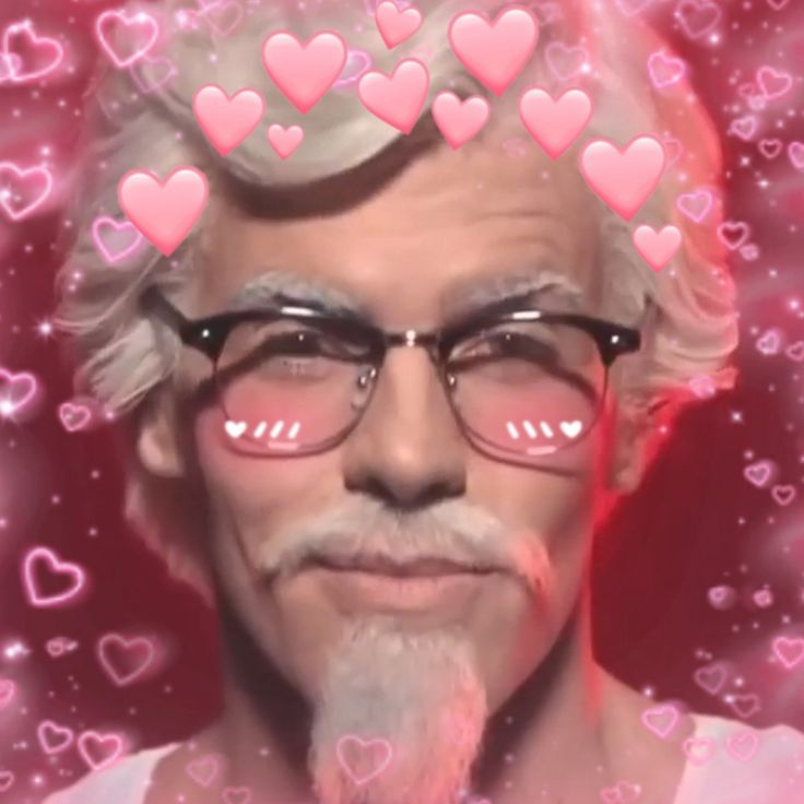 an old man with glasses and hearts on his head in front of a pink background