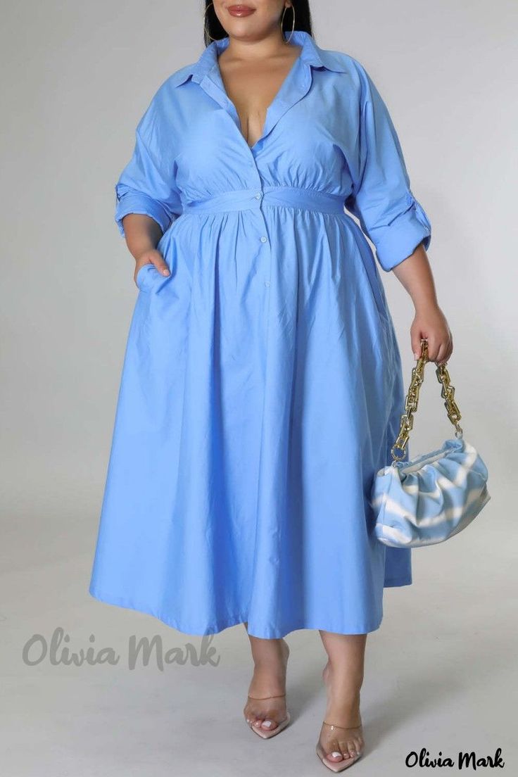 Color: Blue, Size: 4XL Modest Apparel, Collared Shirt Dress, Dress Sleeve Styles, Plus Size Maxi, Plus Size Maxi Dresses, Vestido Casual, Plus Size Womens Clothing, Long Sleeve Shirt Dress, Stretch Dress