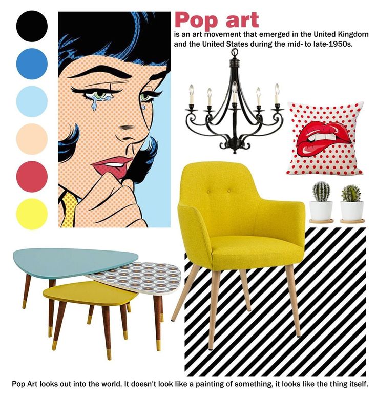 an advertisement for pop art featuring a woman's face and yellow chair with black and white stripes