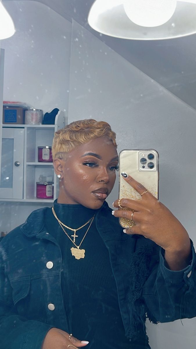 Blonde And Black Pixie Hair, Perm Short Hair Black Women, Blonde Short Pixie Haircut Black Women, Pixie Haircut For Black Women 4c, Pixie Haircut For Black Women Blonde, Fall Pixie Hair Color Black Women, Blonde Short Cut For Black Women, Honey Blonde Finger Waves, Blonde Hair Black Women Short