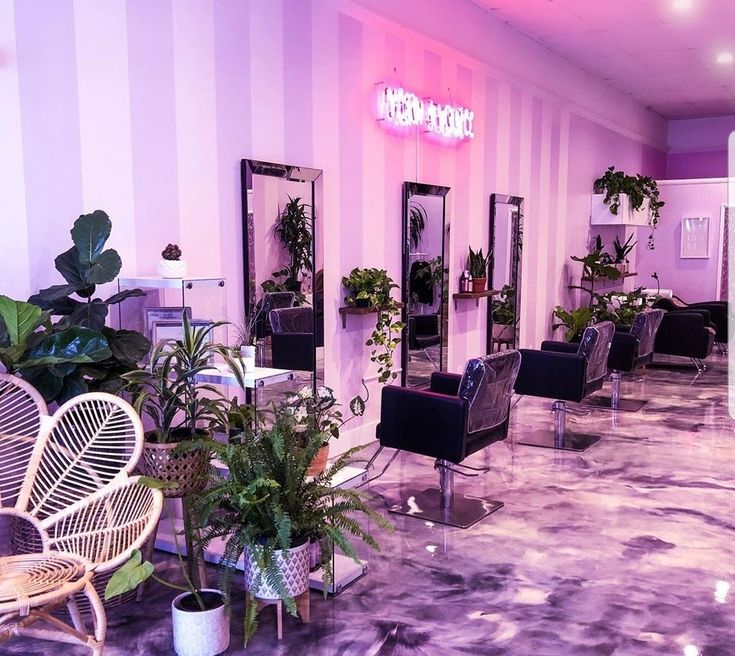 a room with chairs, mirrors and plants on the floor in front of purple walls