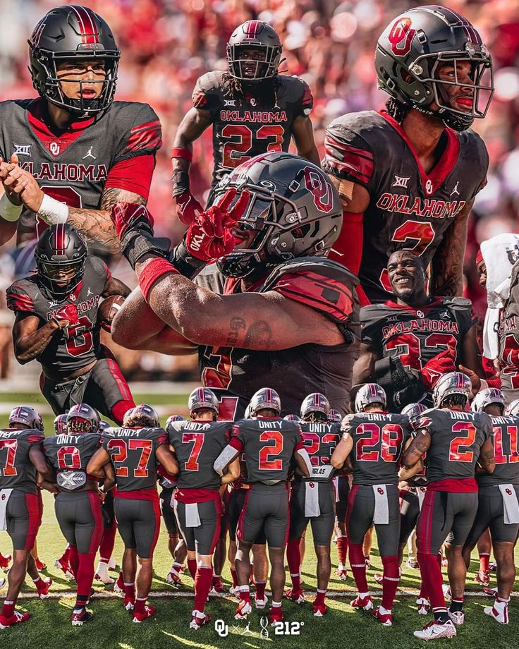 a group of football players standing on top of a field