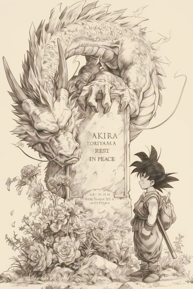 a drawing of a dragon next to a grave with a person standing in front of it