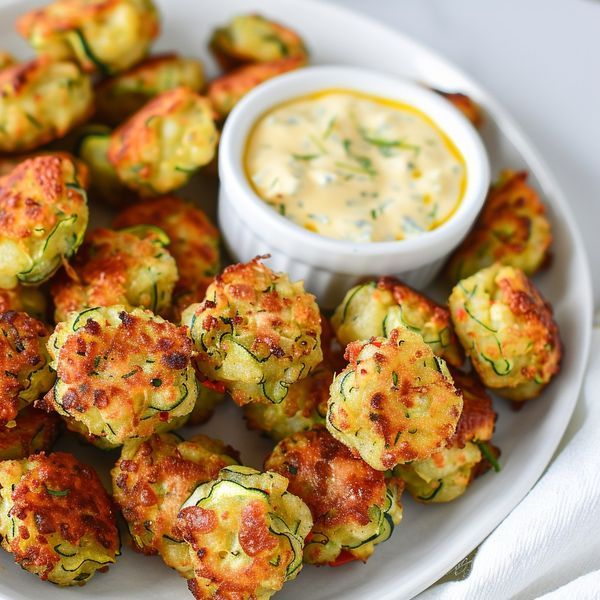 a white plate topped with fried zucchini and dipping sauce