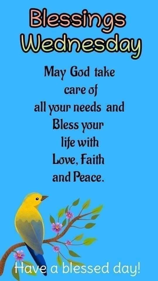 a yellow bird sitting on top of a tree branch with the words blessing wednesday written below it