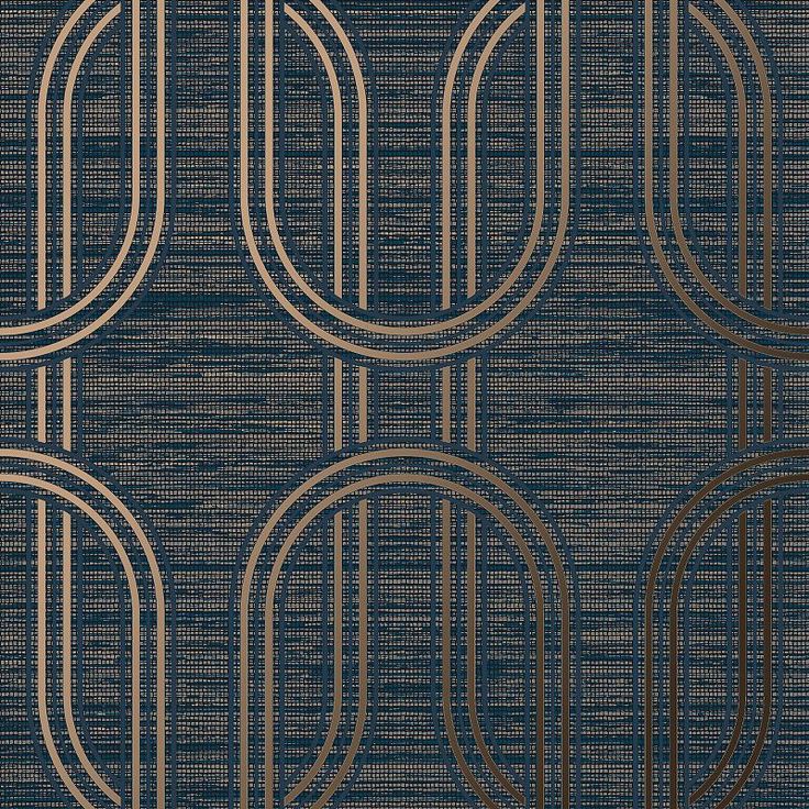 a blue and gold wallpaper with circles on it