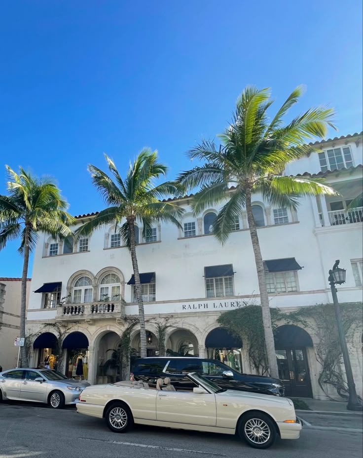 cars parked in front of a building with palm trees