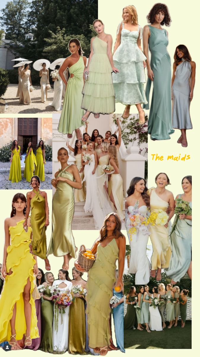 the bridesmaids are all dressed in different colors