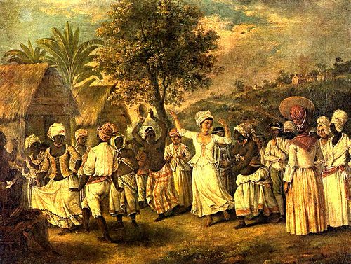 an old painting of people dancing in front of a hut with trees on the other side