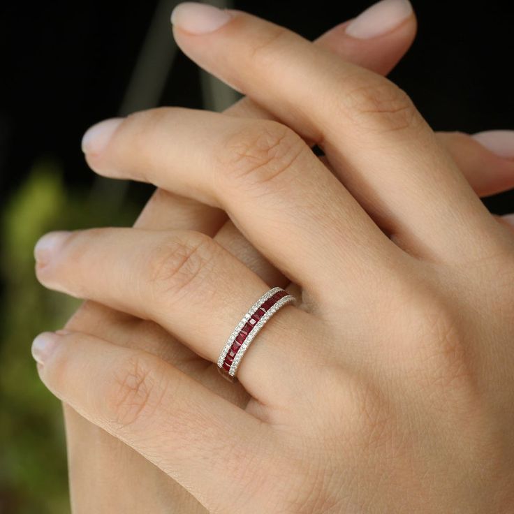 Ruby Ring Designs, Cocktail Ring Designs, Ruby Eternity Band, Ruby Band Ring, Ruby Wedding Band, Ruby Anniversary, Ruby Bands, Ruby Ring Gold, Diamond Anniversary Bands