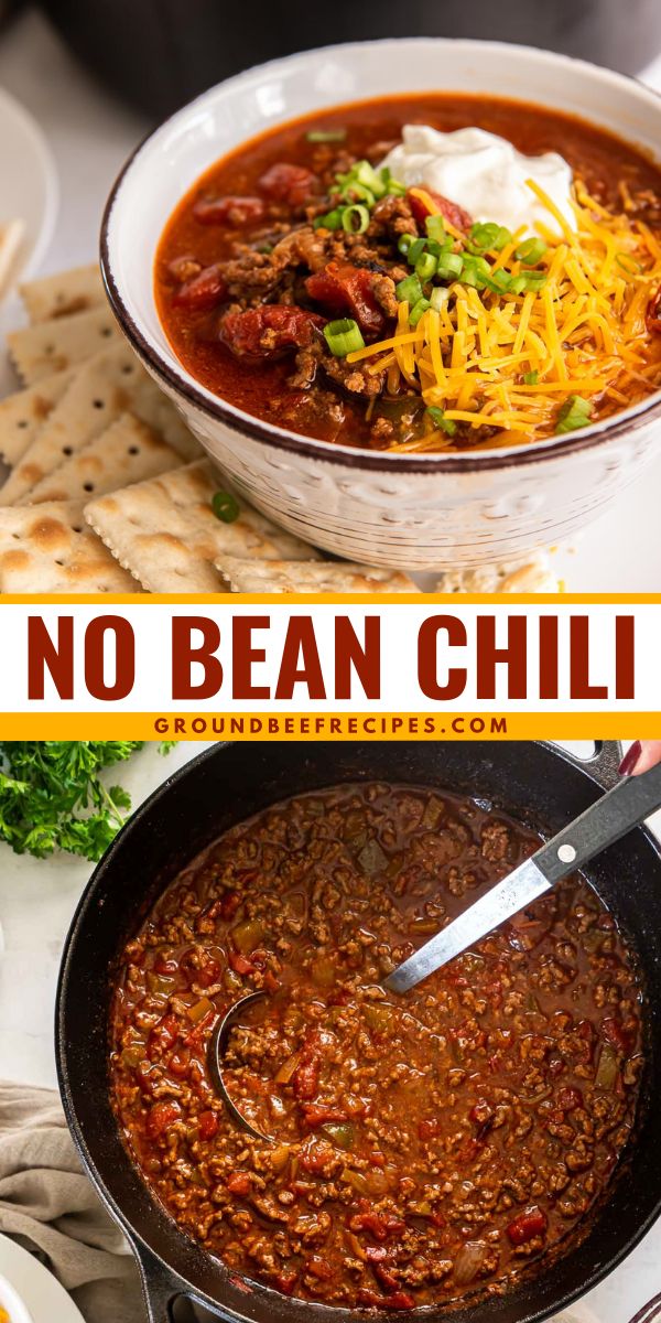 Want more cozy soup recipes for dinner? You're going to love this ground beef chili without beans! Complete with toppings, this easy no bean chili has a whole lot of flavor. Plus, it's a speedy weeknight meal with just a few minutes of prep! Chili Without Beans, Steak Chili, Ground Beef Chili, Favorite Chili Recipe, Bean Chili Recipe, Chili Recipe Crockpot, Crockpot Chili, Easy Chili, Chilli Recipes