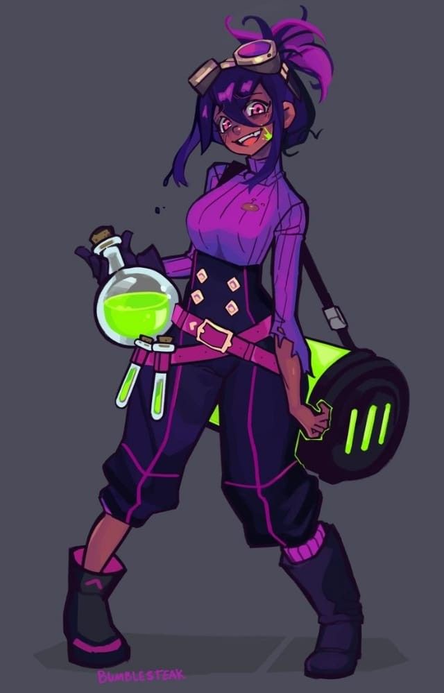 a drawing of a woman with purple hair and glasses holding a green substance in her hand