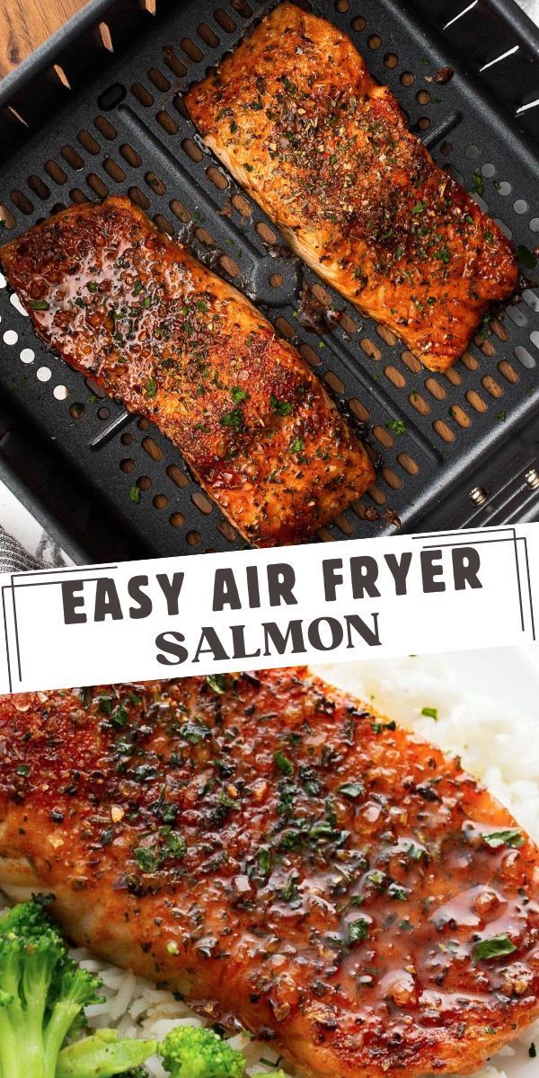 salmon and broccoli on a grill with the words easy air fryer salmon