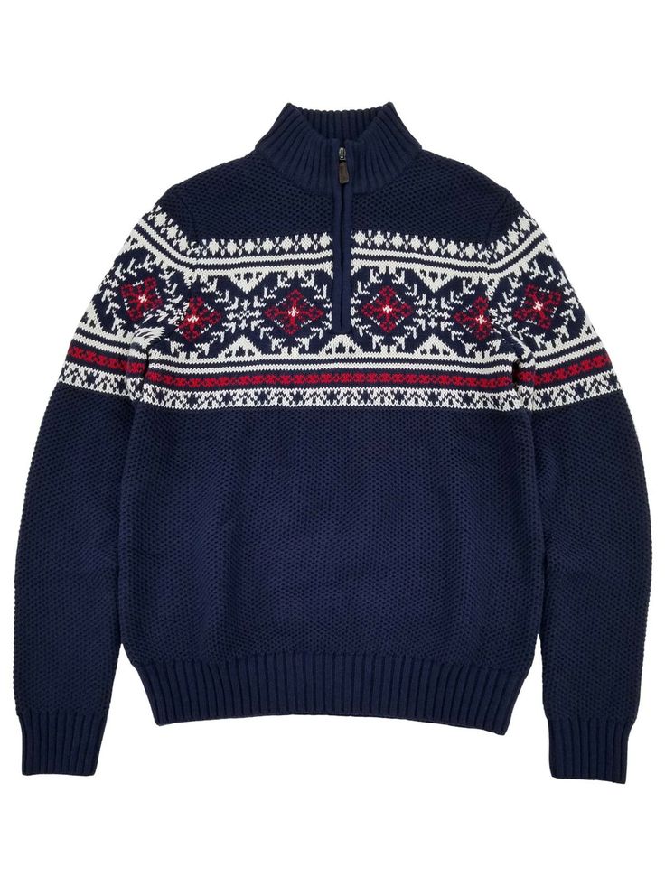 IZOD Mens Peacoat Blue Long Sleeve Fair Isle Quarter-Zip Sweater Small This fair isle patterned quarter-zip sweater is perfect for the holidays! Men's size: Small Quarter-zip closure Fair isle pattern Ribbed Long sleeves 75/25% cotton-acrylic Made in Bangladesh Payment We accept PayPal as our payment method. Immediate payment is required. If you have any questions about payment, please feel free to contact our customer support team. Return Policy We have a no hassle return policy If you are unha Christmas Sweaters Men, Mens Peacoat, Winter Holiday Outfits, Peacoat Men, Christmas Sweater Men, Navy Sweater, Fair Isle Pattern, Quarter Zip Sweater, Winter Color