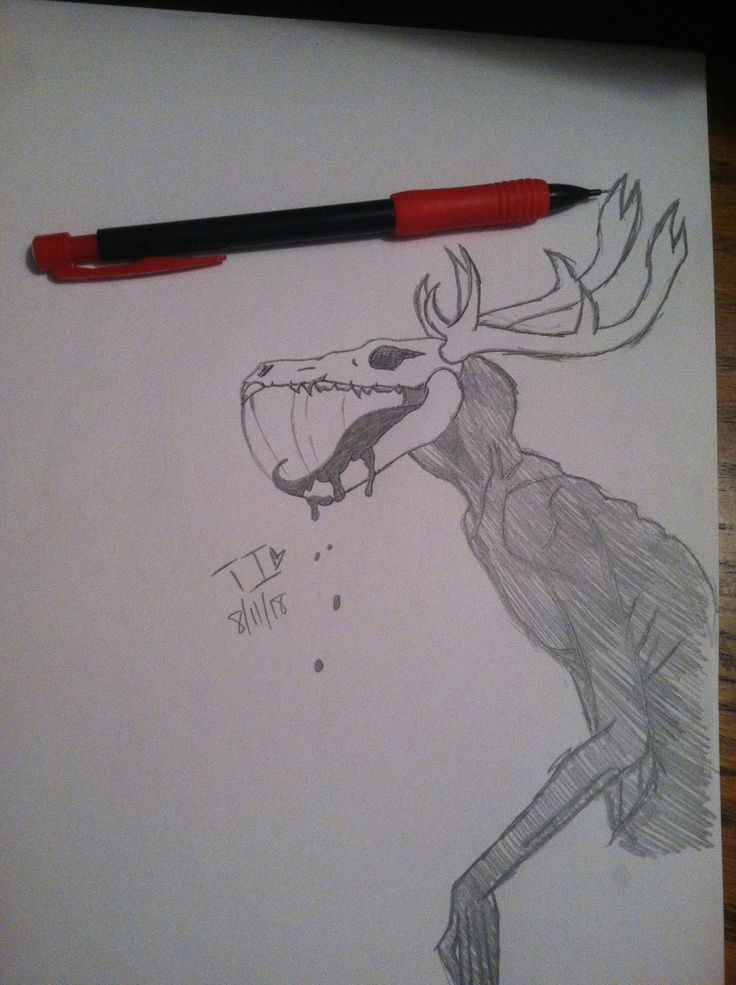 a pencil drawing of a moose with its mouth open and tongue out, next to a marker