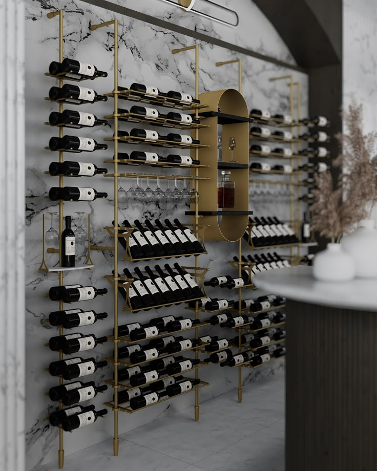 the wine rack is filled with bottles of wine and there are no people around it