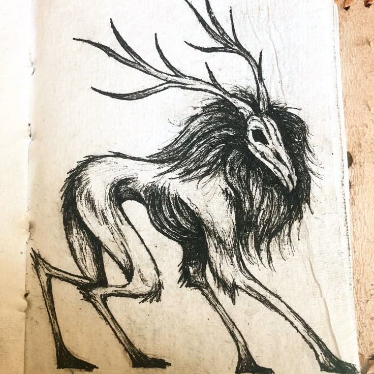 a black and white drawing of a deer with horns on it's back legs