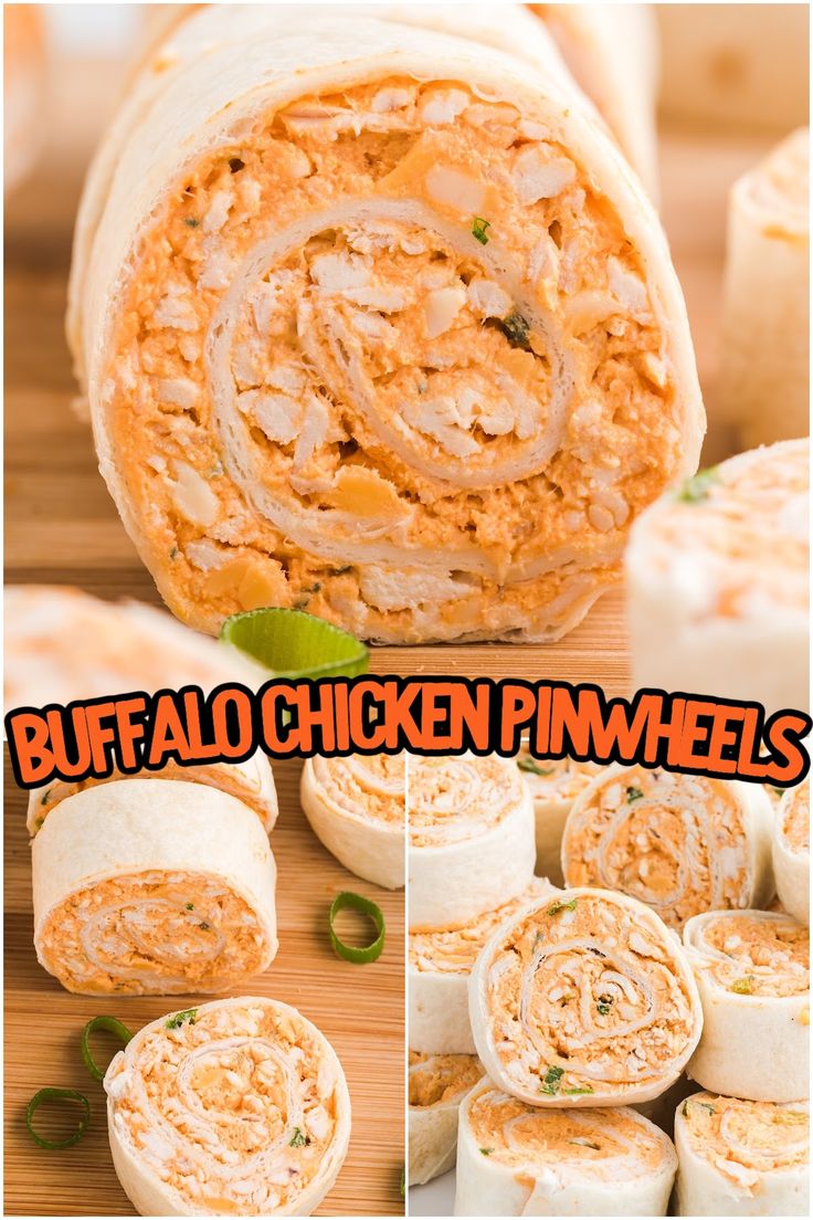 the buffalo chicken pinwheels are cut in half and stacked on top of each other