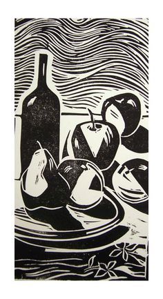 a black and white drawing of apples on a plate with a bottle in the background