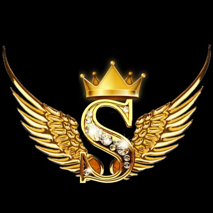 the letter s with gold wings and a crown on it's head, against a black background