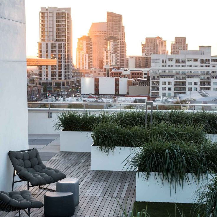 an outdoor deck with chairs and potted plants in the foreground, cityscape in the background