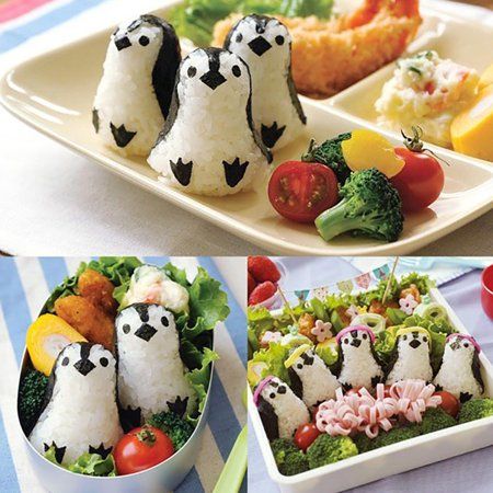 there are several different pictures of food made to look like penguins