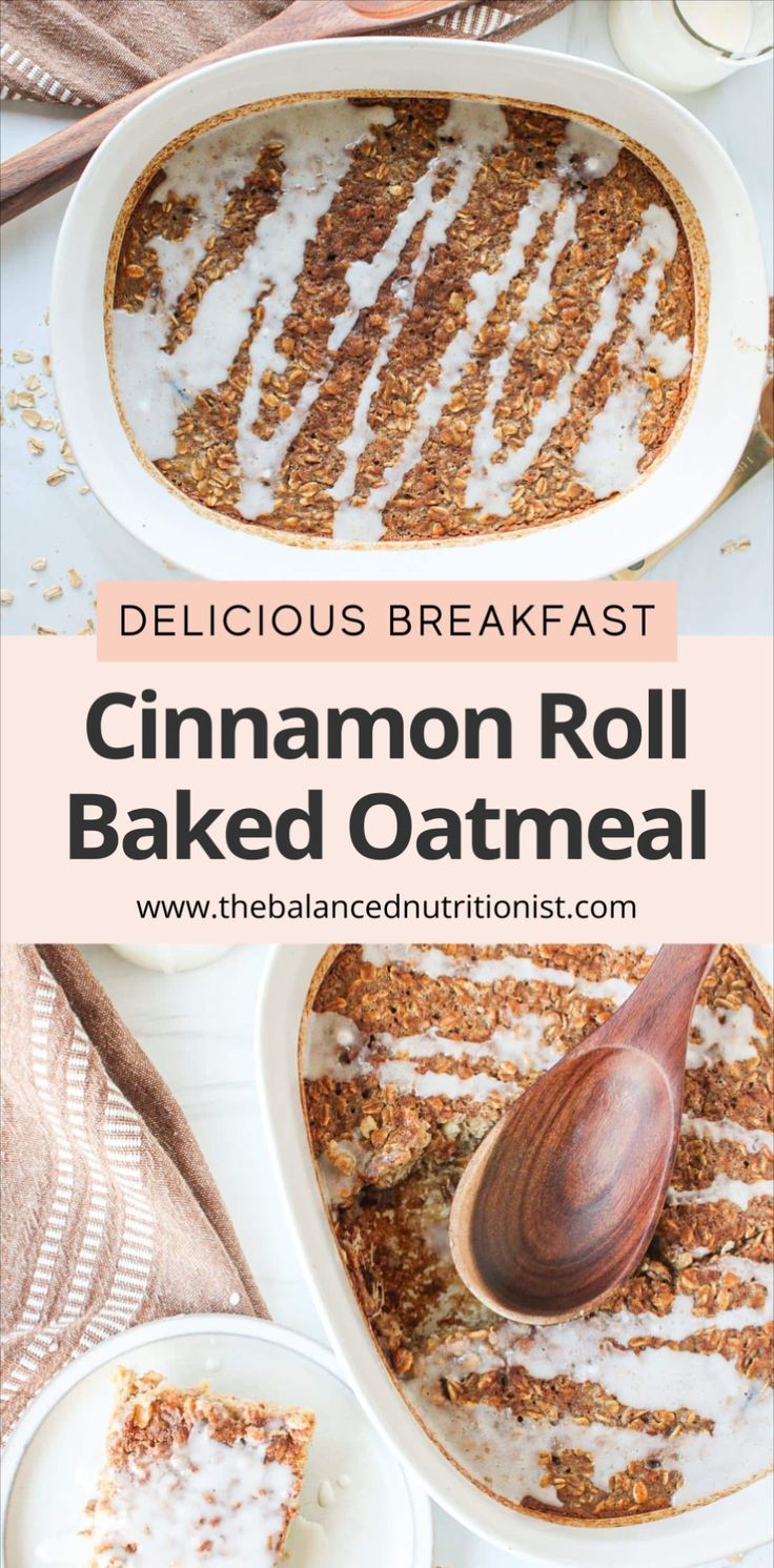 cinnamon roll baked oatmeal in a white dish with a wooden spoon