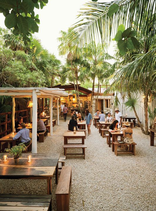 people are sitting at tables in the middle of an outdoor area with lots of trees