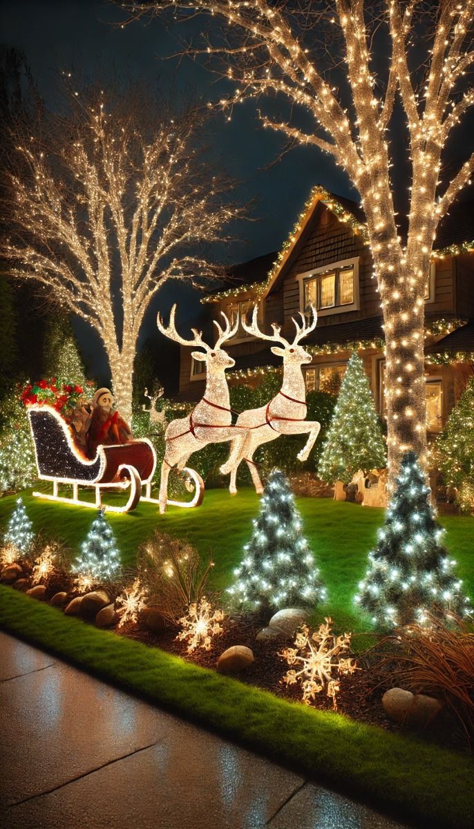 christmas lights decorate the lawn and trees in front of a house with santa's sleigh