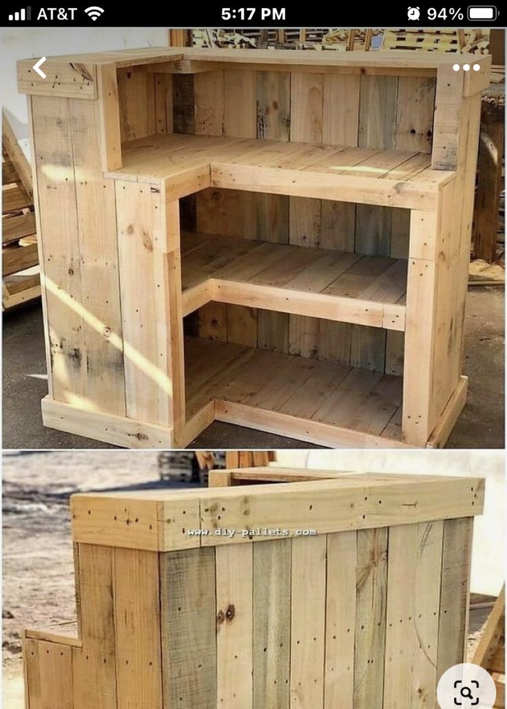 two pictures of the same wooden cabinet with different angles and sizes, one is made out of pallet wood