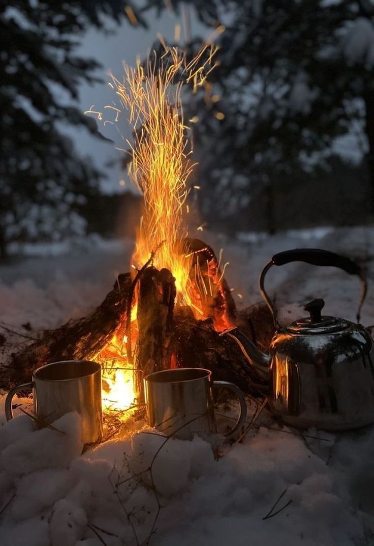 a campfire with tea pots and kettles on it in the snow at night