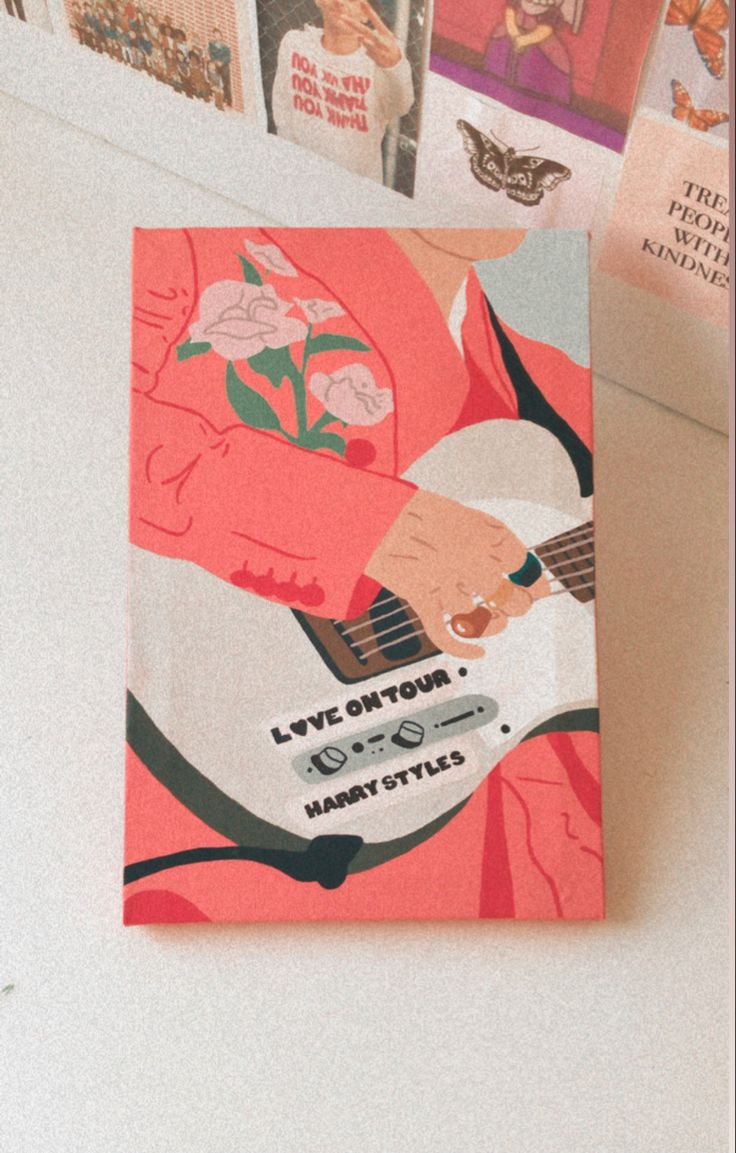 there is a card with an image of a man holding a guitar on the front