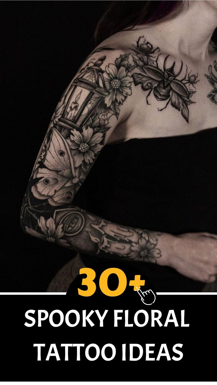 a woman with tattoos on her arm and shoulder, in black dress text reads 30 spooky floral tattoo ideas