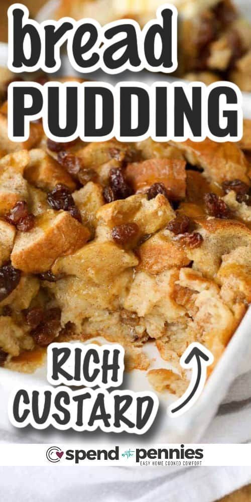 bread pudding with raisins and other toppings in a white dish on a table