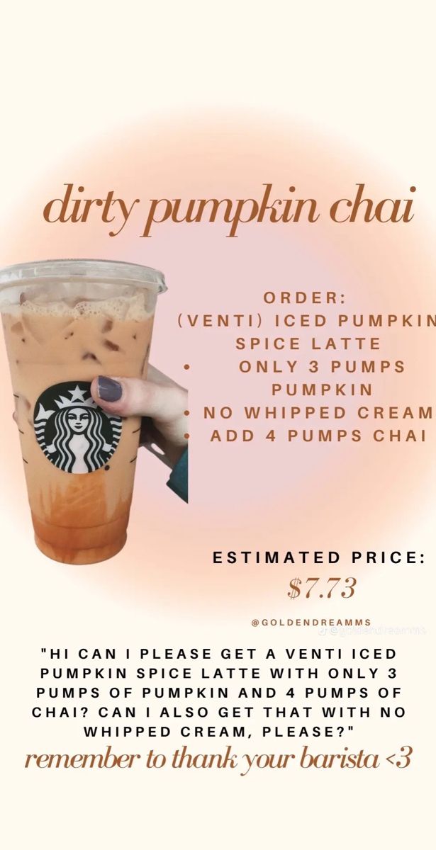 an advertisement for a pumpkin chai drink with information about the product and price label