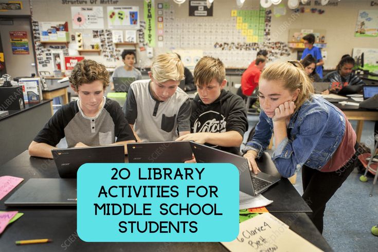 several young people working on laptops in a classroom with the text 20 library activities for middle school students