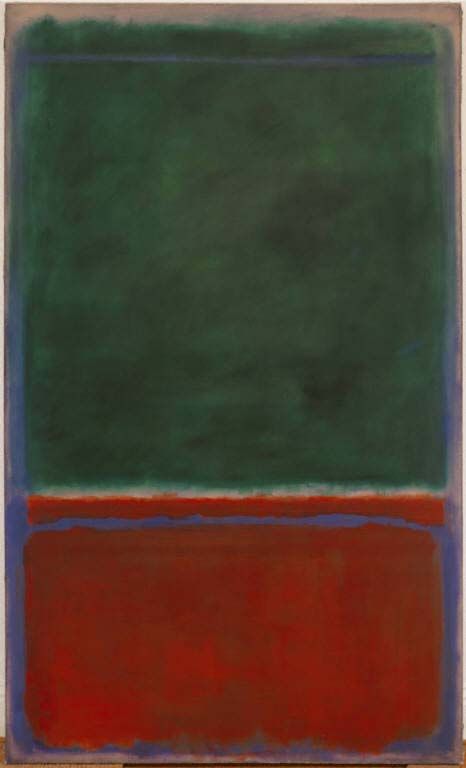 an abstract painting with red, green and blue colors