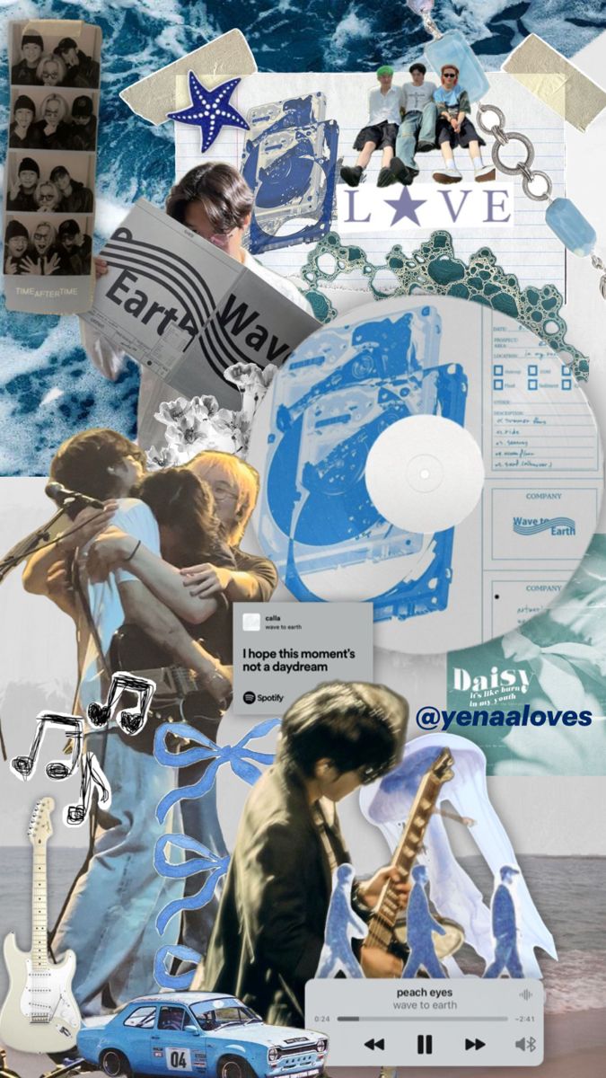 collage with various images and music related items in the background, including an image of a man holding a guitar