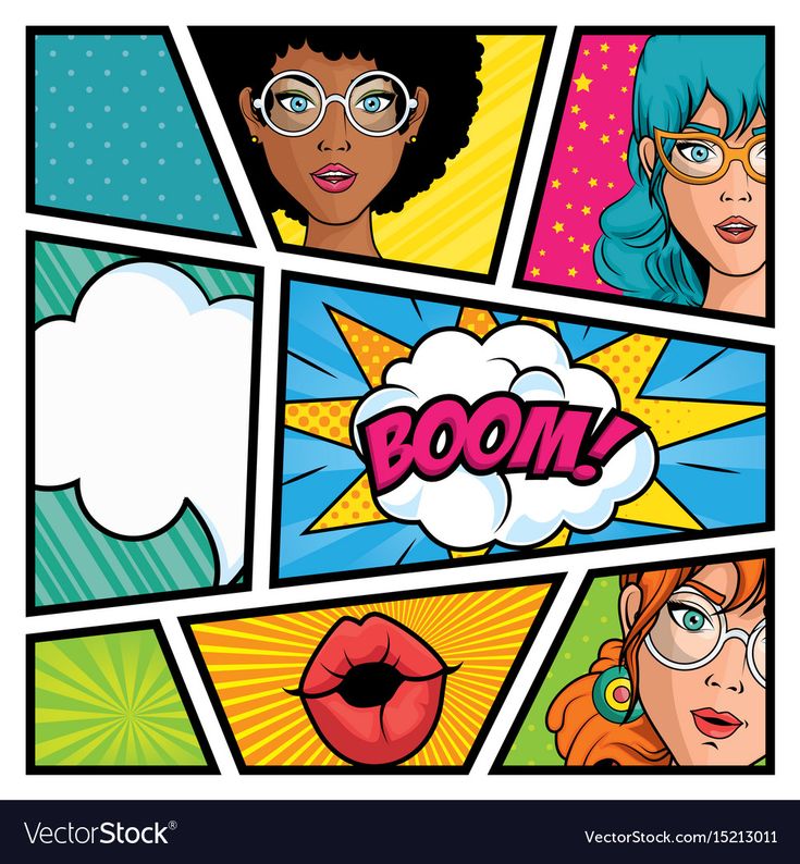 pop art comic book covers with woman's faces and speech bubbles in the center