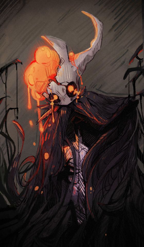 a demon with horns and long hair standing in front of an orange flame on the ground