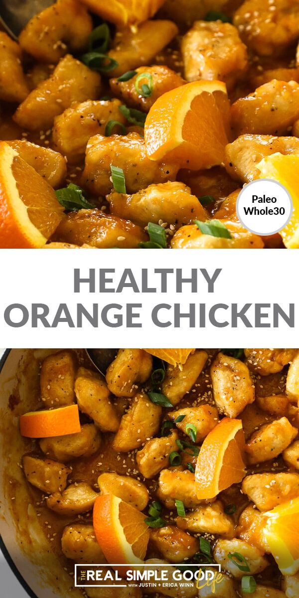 healthy orange chicken in a skillet with text overlay