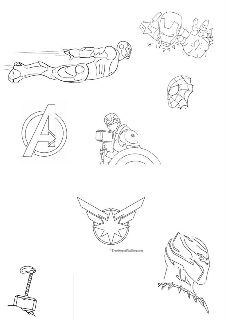 the avengers logo is shown in black and white, as well as some other symbols