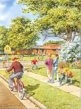 an artist's rendering of people playing in the park on bicycles and skateboards