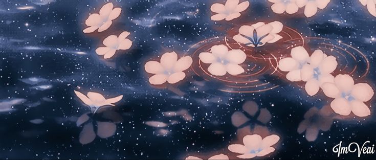 some pink and blue flowers are floating in the water with white stars around them on a black background