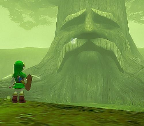 the legend of zelda standing in front of a giant tree