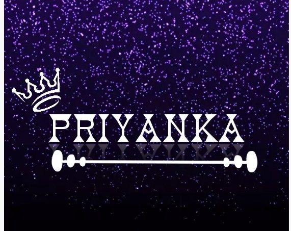 the word priyanka is written in white on a purple background with black dots