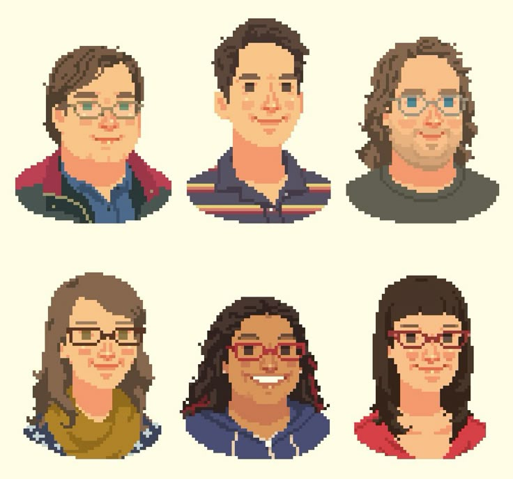 pixel art portraits of four people with glasses and long hair, all in different colors