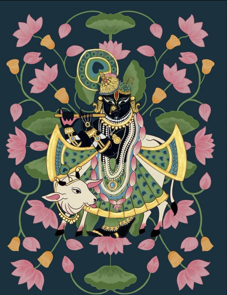 the god is sitting on top of a cow in front of pink flowers and leaves