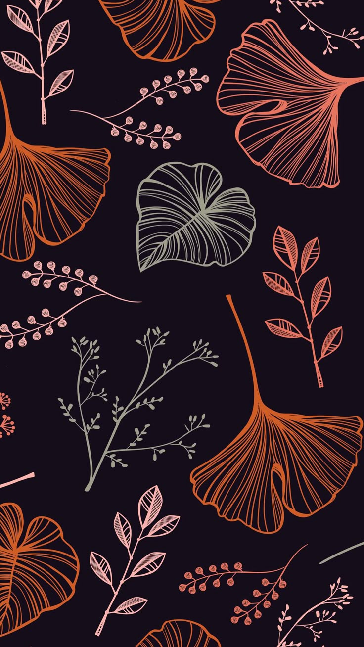 an orange and pink flower pattern on a black background